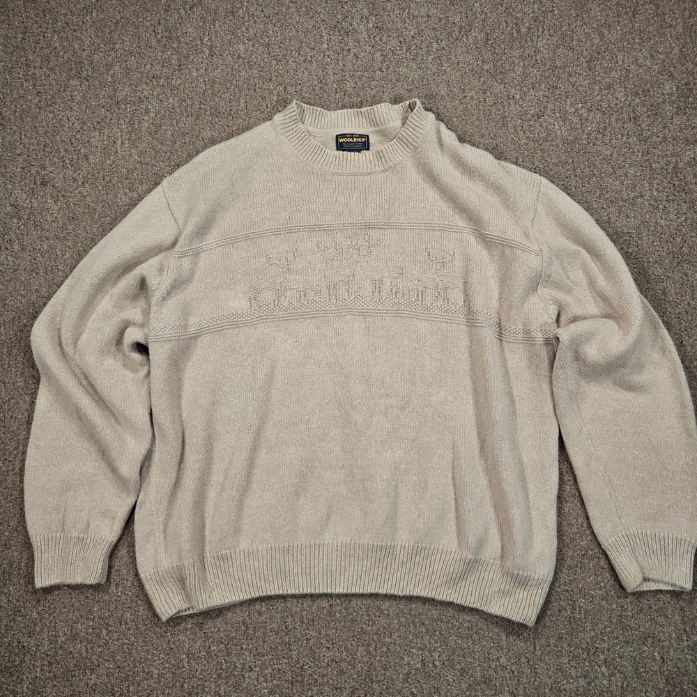 Vintage Woolrich Sweater Mens‎ 2XL Khaki Knit Deer Elk Wildlife Crewneck 7120